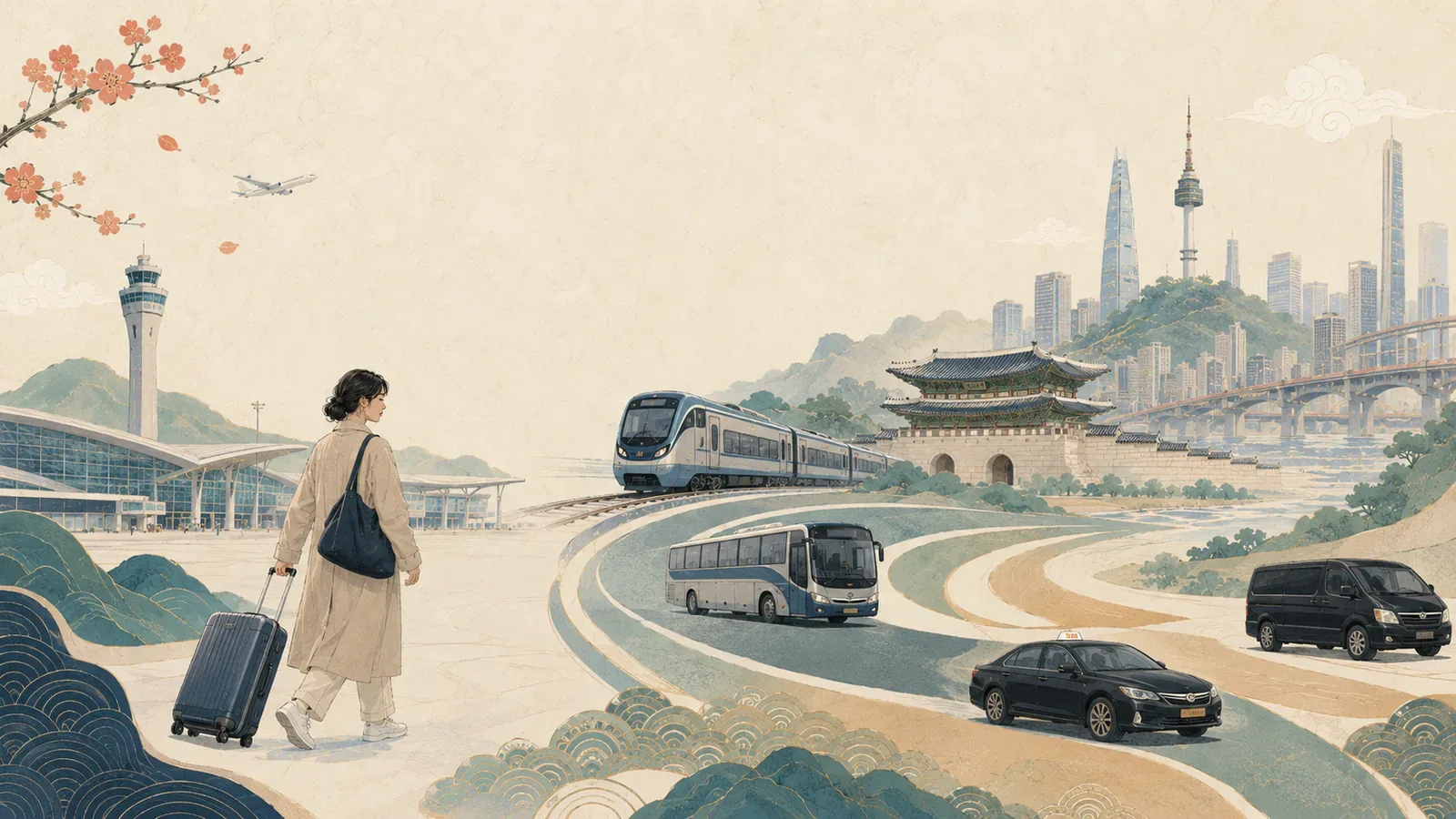 Airport to Seoul Finder — traveler choosing airport train, bus, taxi, or pickup to Seoul