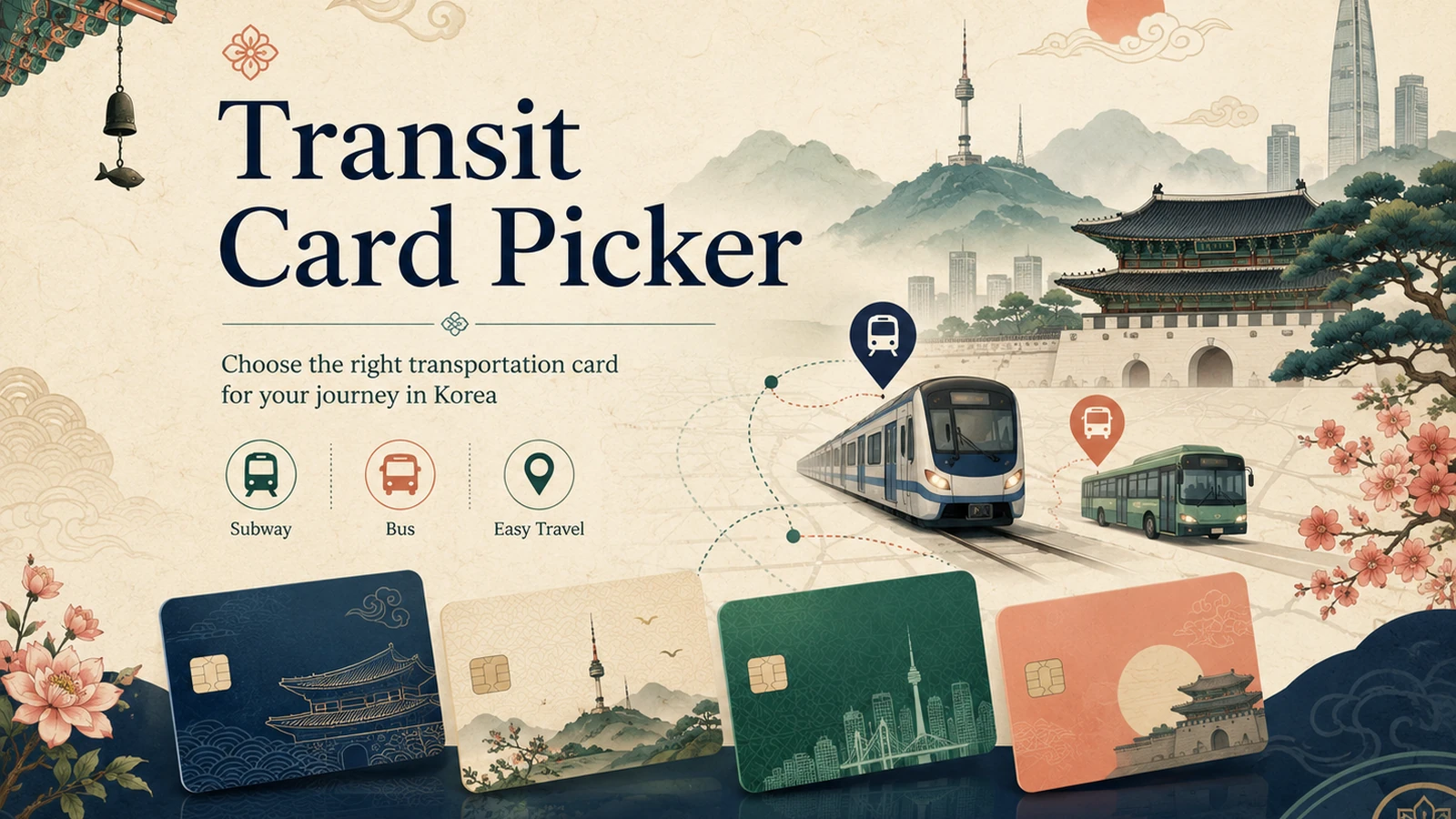 Korea Transit Card Picker — transit cards, subway and bus in a Korean cityscape