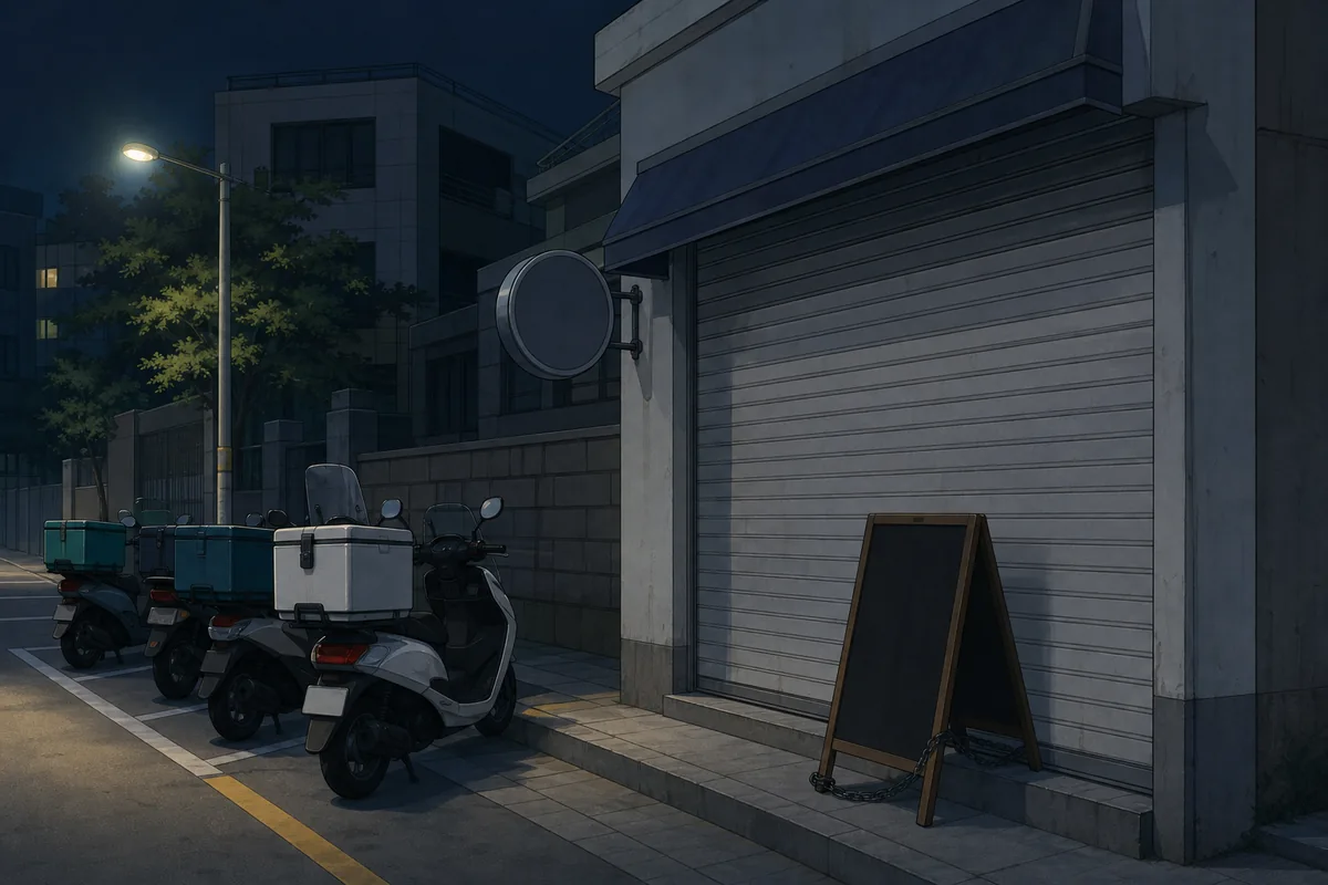 A quiet street showing how some 24 hour businesses in Korea have reduced late-night hours