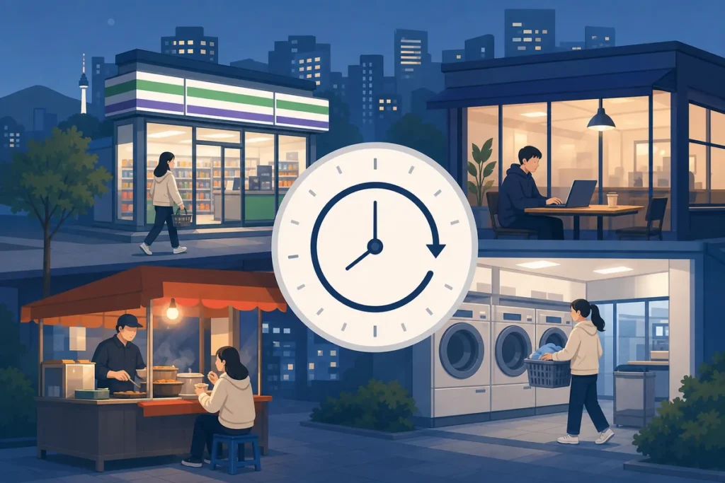 24 hour businesses in Korea at a convenience store glowing late at night