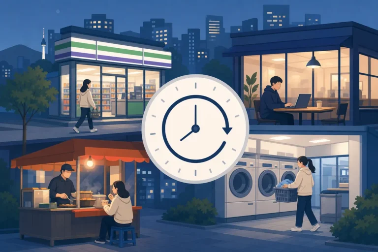 24 hour businesses in Korea at a convenience store glowing late at night