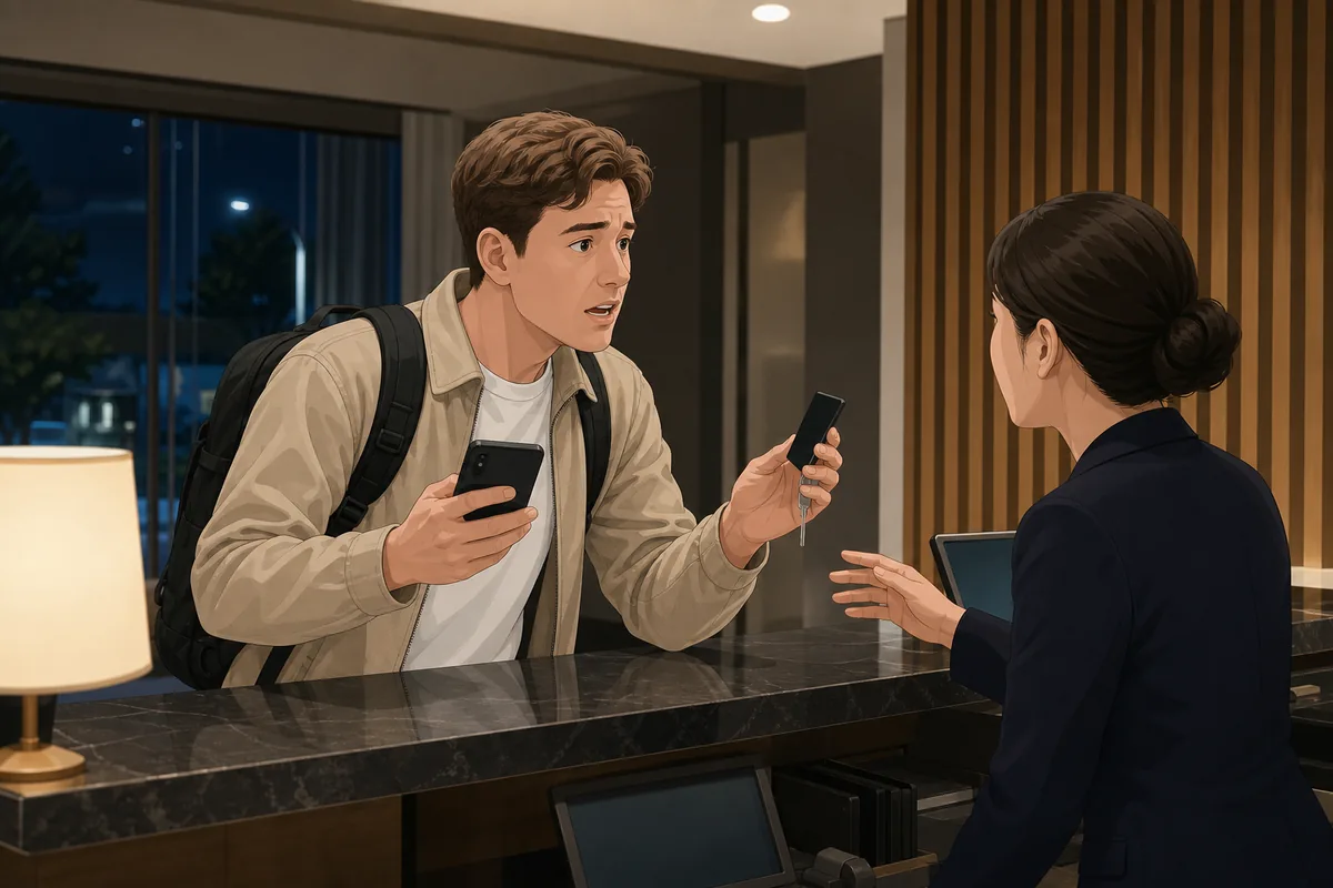 Accommodation safety first step: foreign traveler speaking to a hotel front desk in Korea