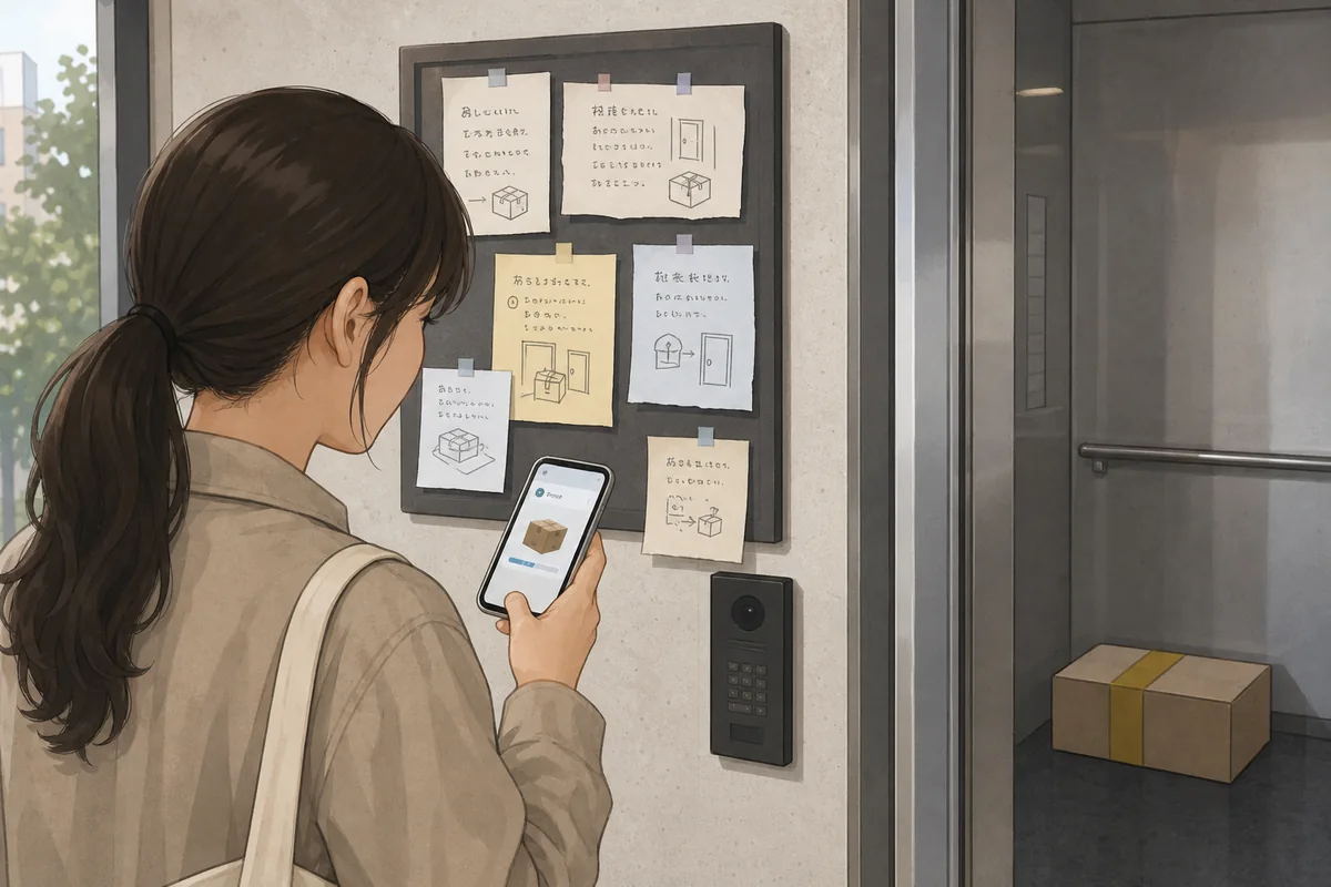 Korean building entrance showing baedal munge notices and parcel delivery guidance