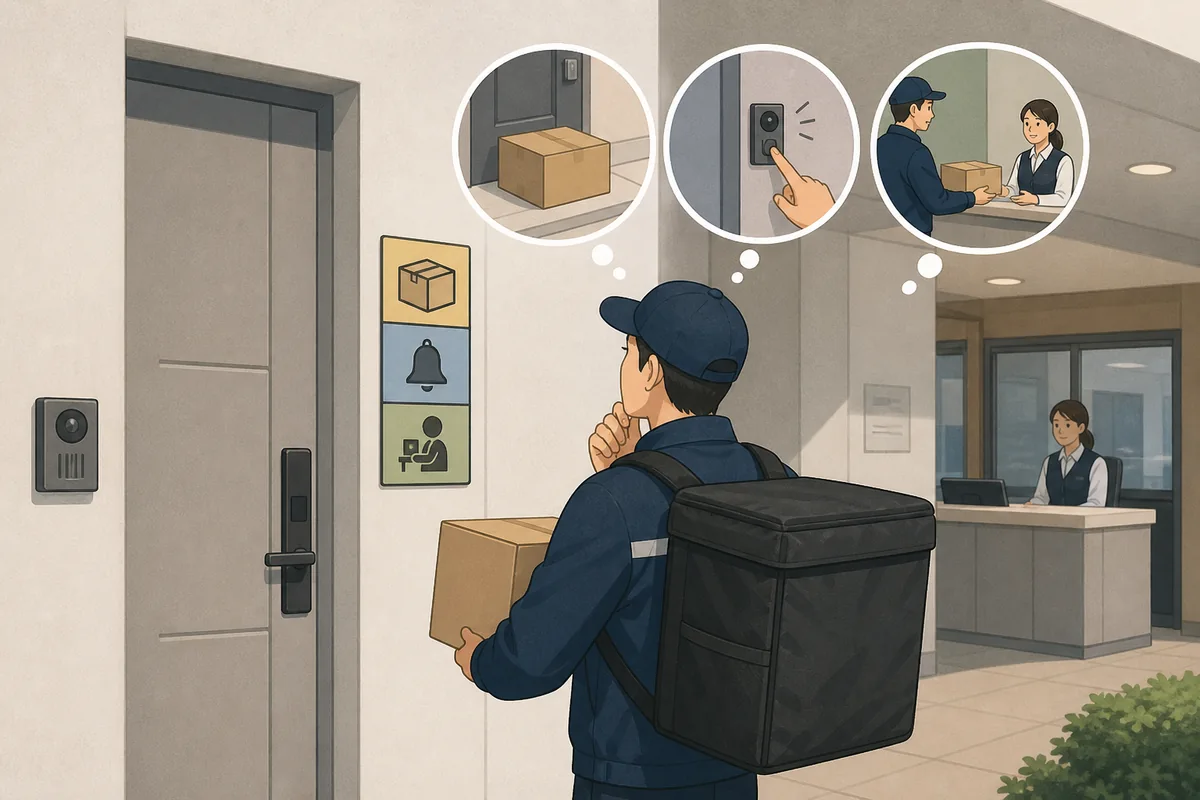 Delivery courier reading baedal munge at a Korean front door before leaving a package