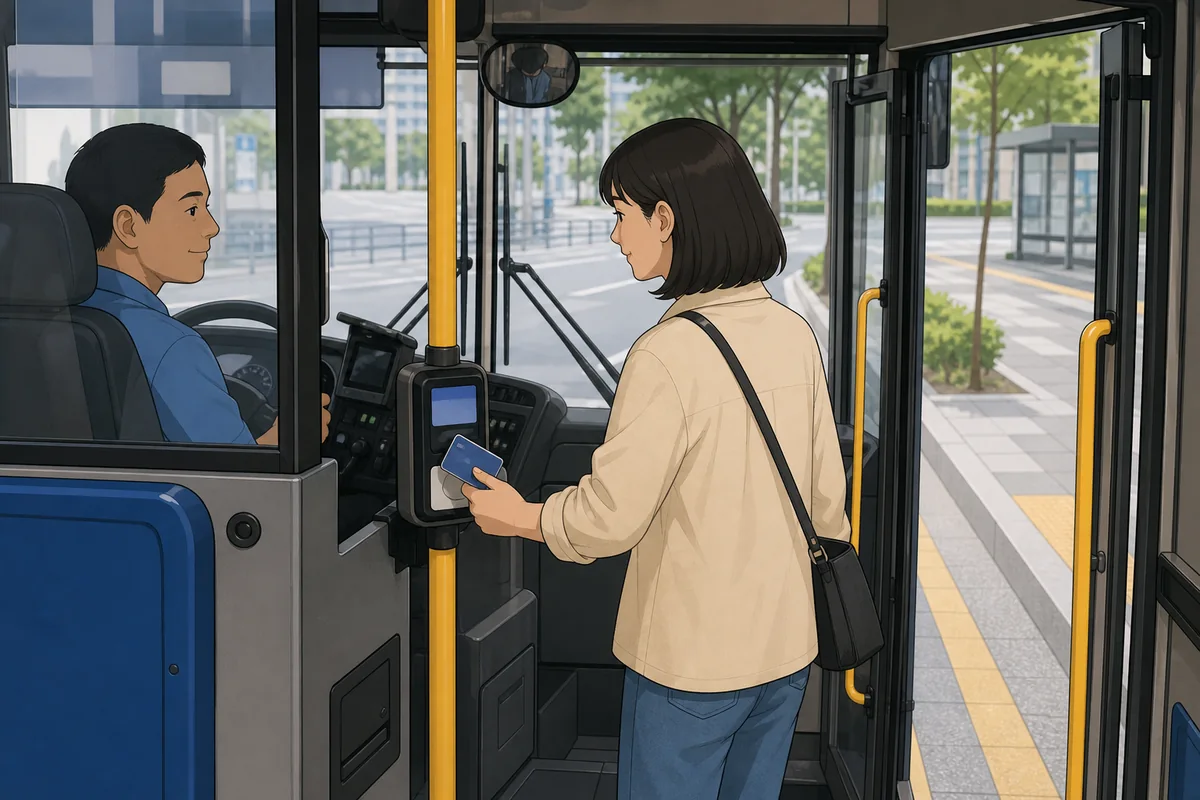 bus taiti on a Korean bus with a passenger pressing the stop button before getting off
