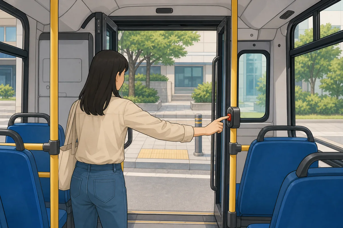 bus taiti in Korea showing a crowded city bus interior with handrails and standing passengers