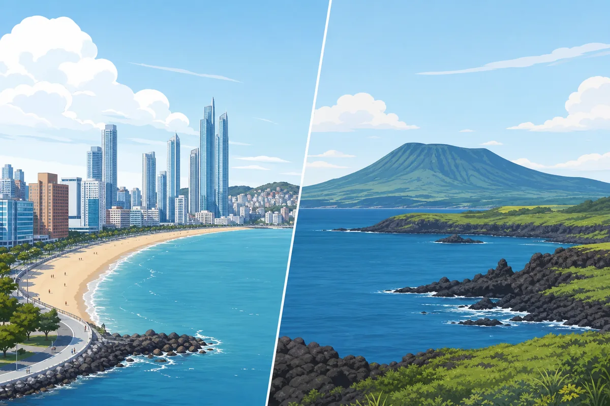 busan vs jeju beach comparison showing a lively city shoreline and a quiet volcanic coast