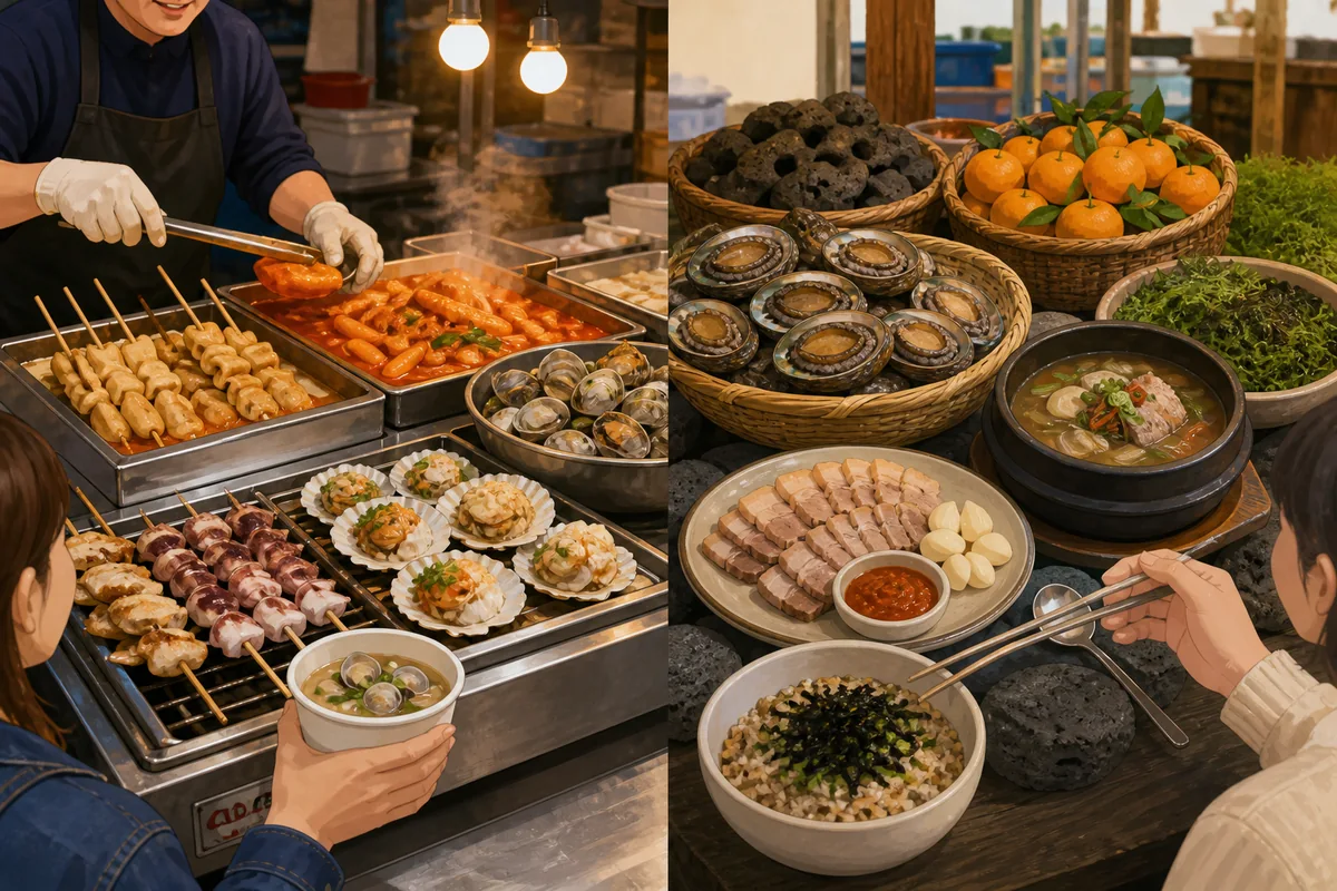 busan vs jeju food scene comparison with seafood market dishes and Jeju black pork