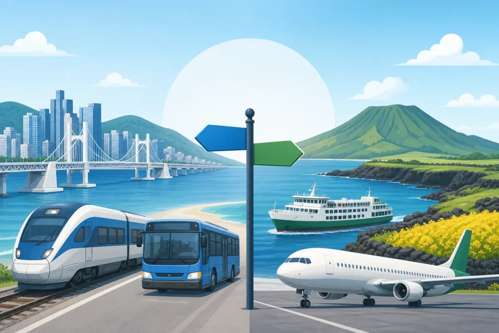busan vs jeju coastal destination comparison with Busan city beach and Jeju island scenery