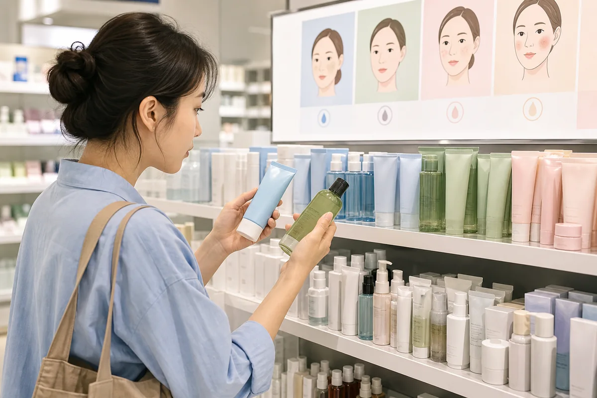 buying skincare in korea: a tourist checking skin type labels on Korean skincare shelves