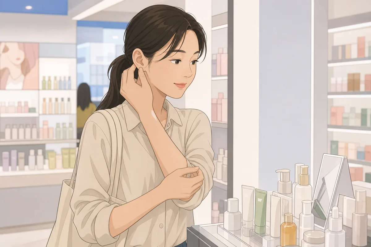 buying skincare in korea tester safety: a shopper trying a small sample before purchase