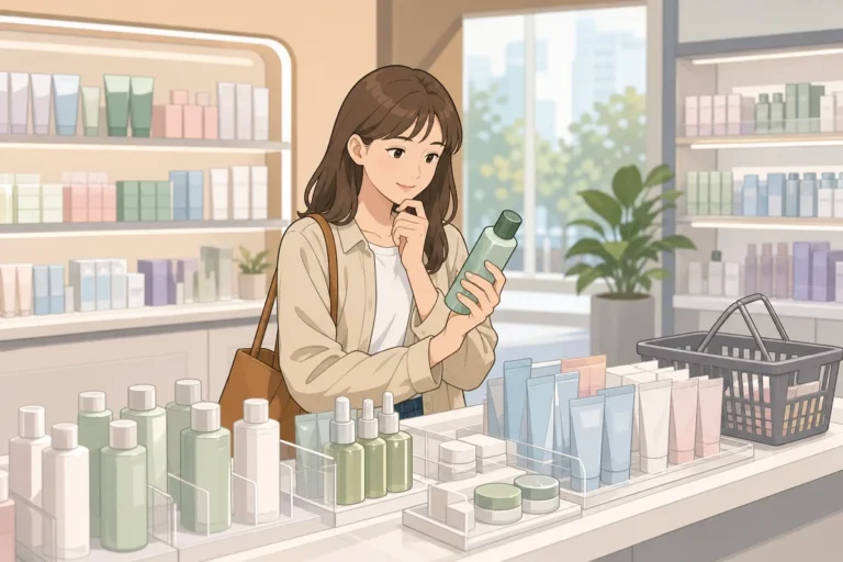 buying skincare in korea tips for tourists comparing skin type labels in a Korean beauty store