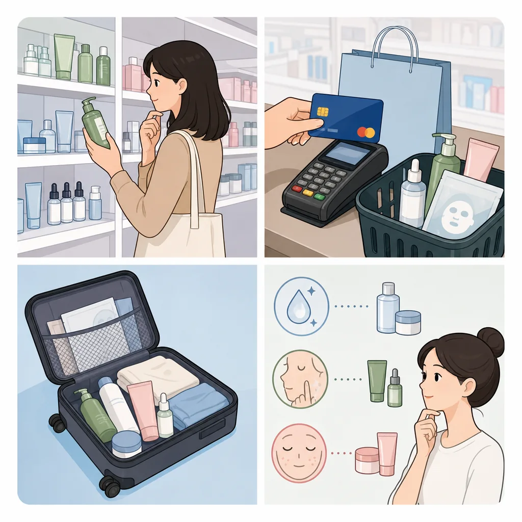 Buying skincare in Korea checklist for skin type, tester use, duty-free price checks, and claim warnings