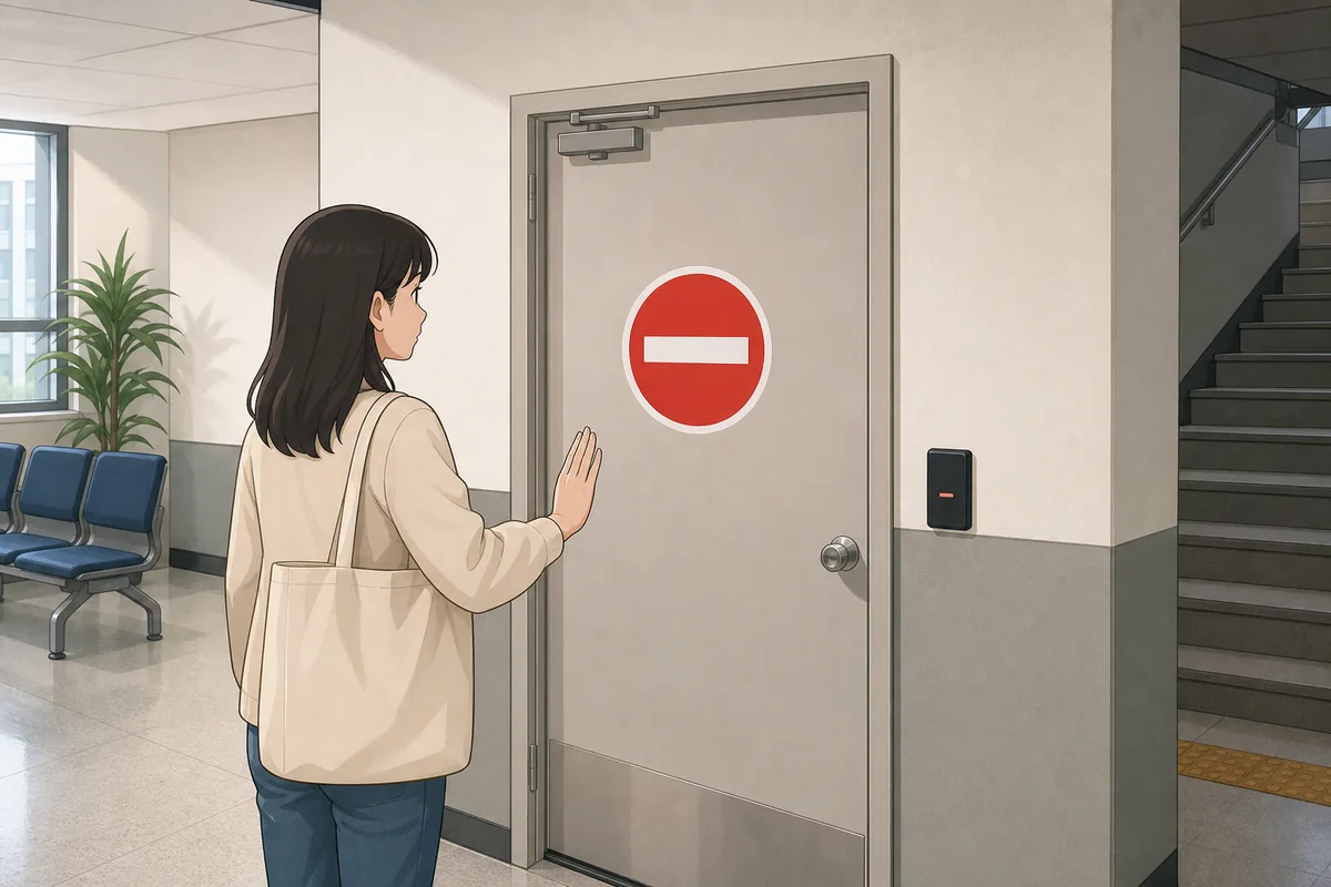 chulipgeumji meaning on a red 출입금지 sign at a closed public building door