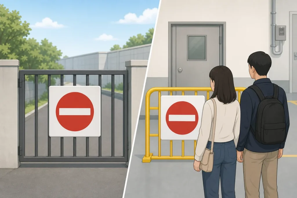 chulipgeumji meaning on a Korean no entry sign at a restricted building door