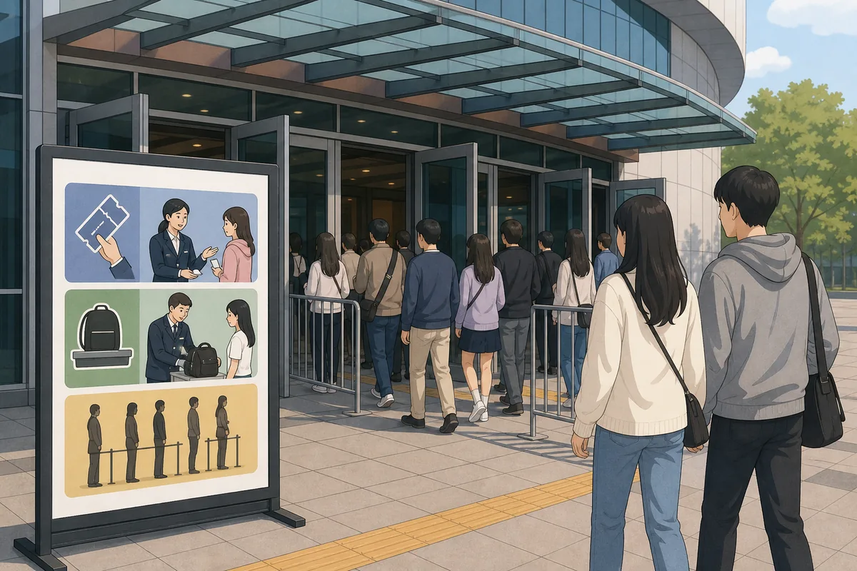 concert venue signs at a Korean arena entrance showing ticket check, queue lines, and gate directions
