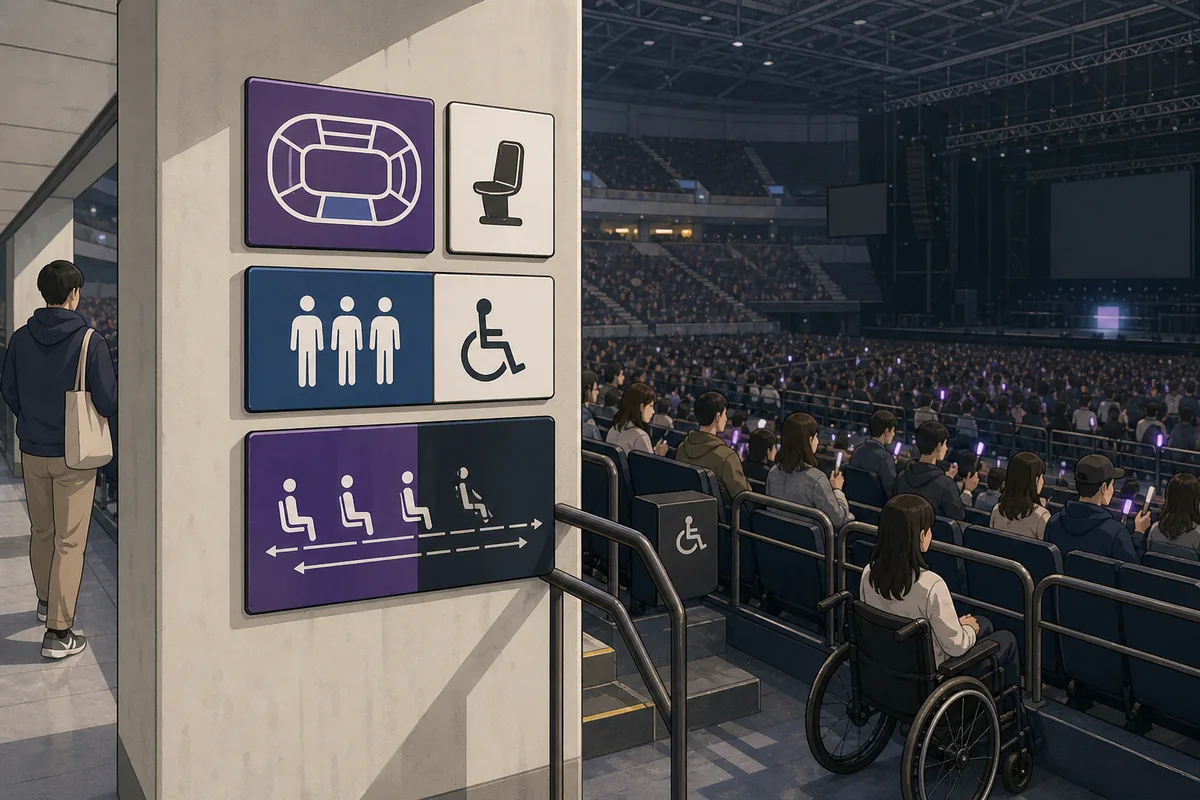 concert venue signs in a Korean indoor arena seating area showing section, row, seat, and standing zone labels