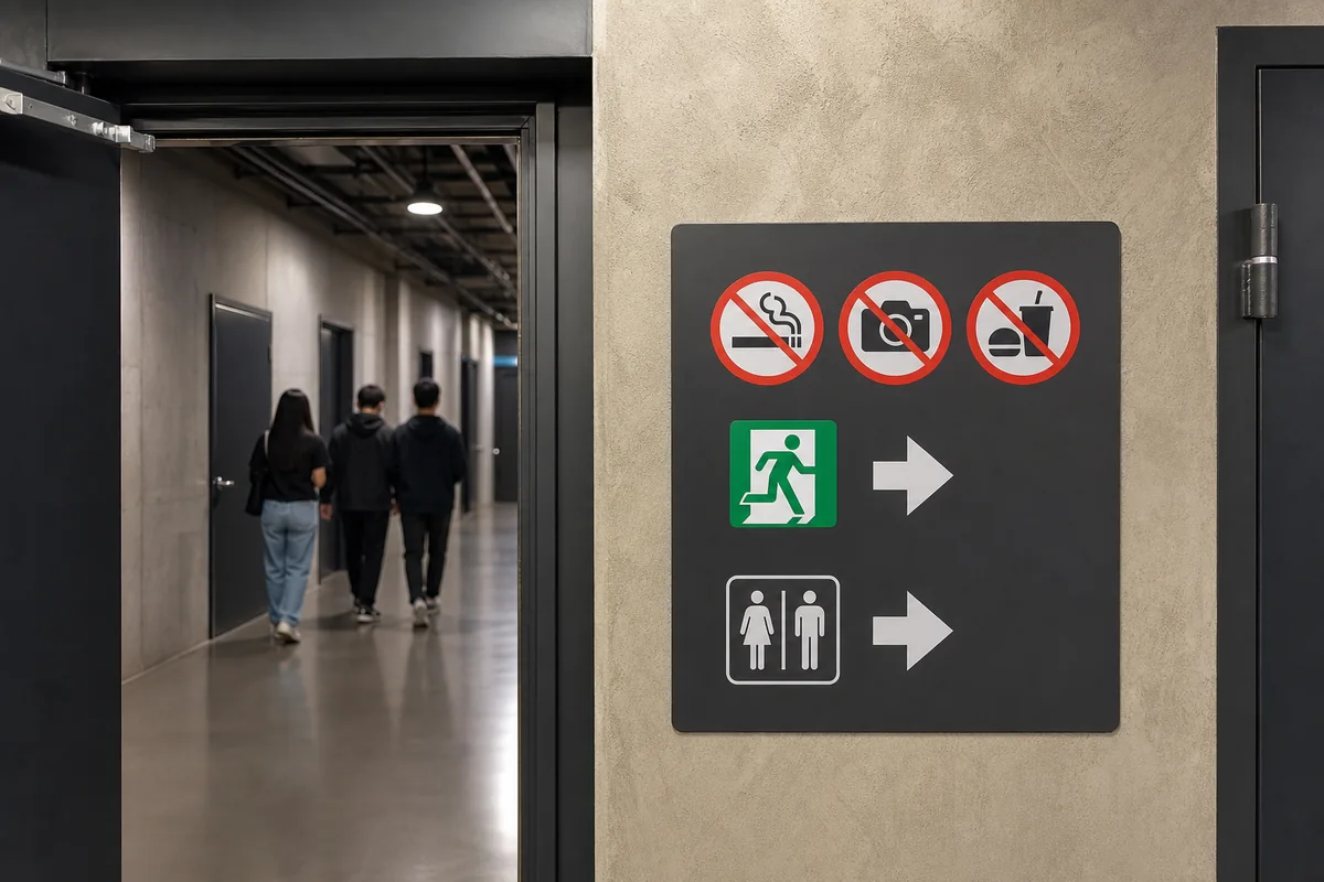 concert venue signs in a Korean corridor showing no smoking, emergency exit, restroom directions, and restricted access notices