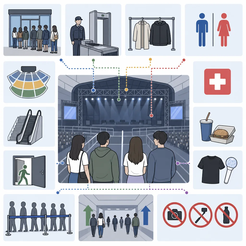 concert venue signs infographic for Korean K-pop fans with entrance, seating, restriction, and safety sections