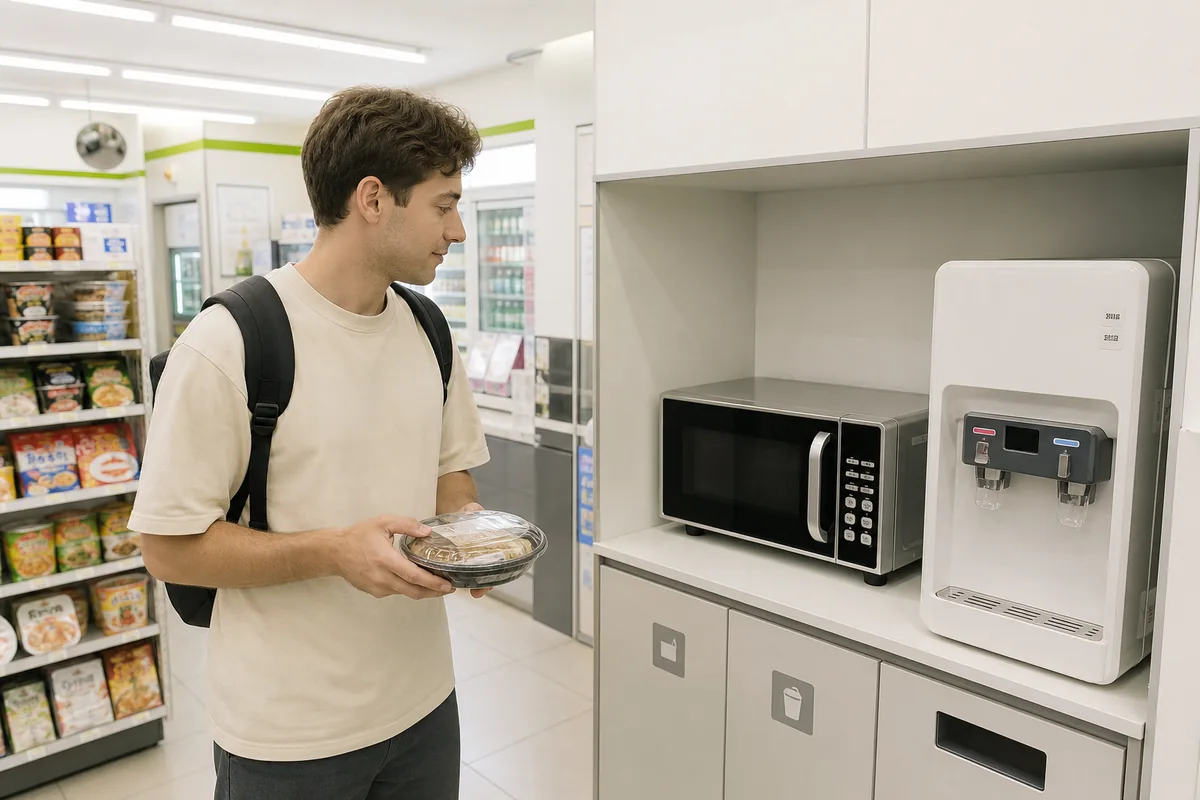 convenience store microwave guide Korea with a customer finding the microwave near the hot water area