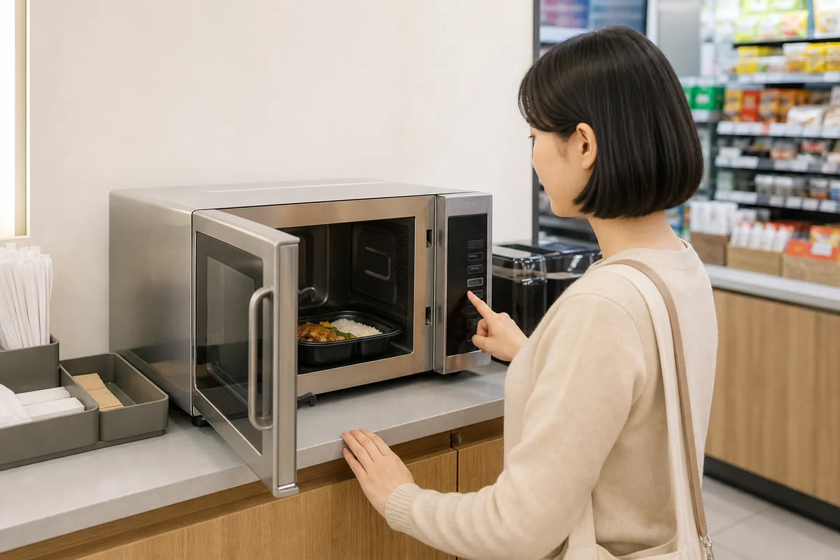 customer using a convenience store microwave to heat a Korean ready meal