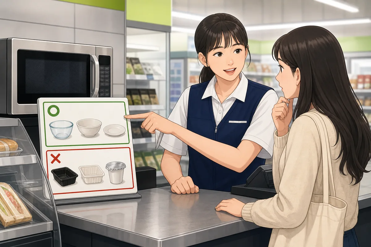 Korean convenience store staff showing microwave instructions and warning signs