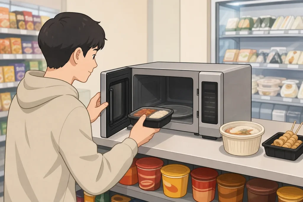 convenience store microwave in Korea near the counter with ready meals