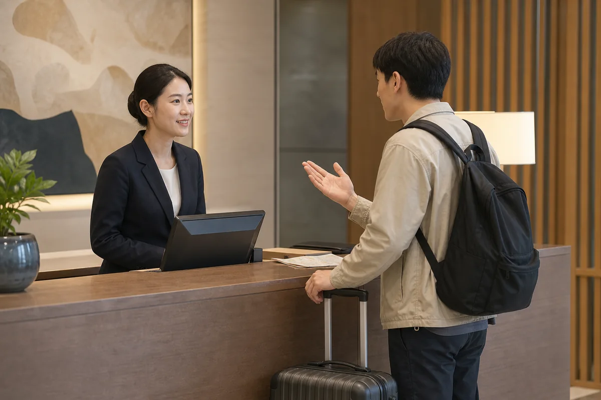 could you say that again korean phrases shown on a phone screen for slower speech and repetition at a hotel desk