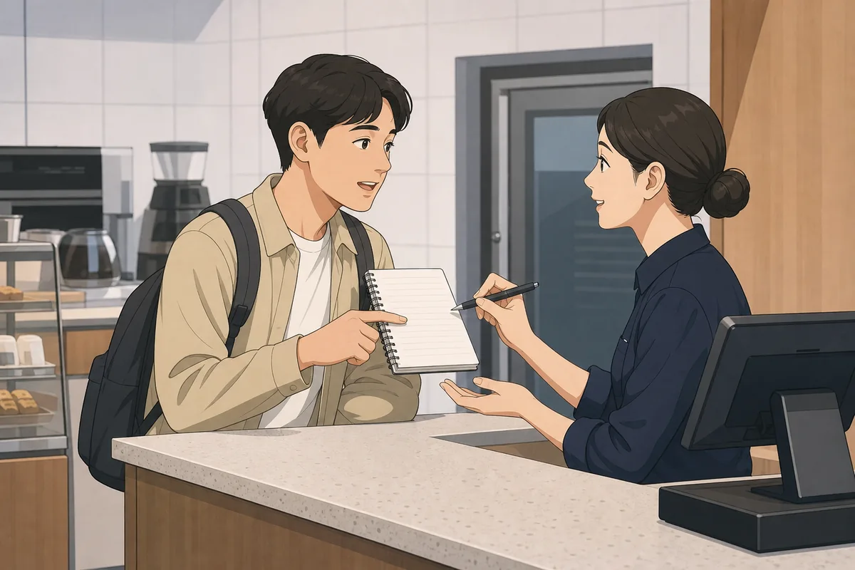 korean phrases written in a note app to ask staff to write details down