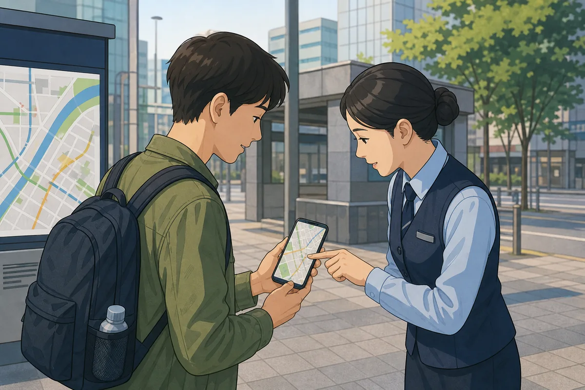 korean phrases used with a map app to ask someone to show directions on the map
