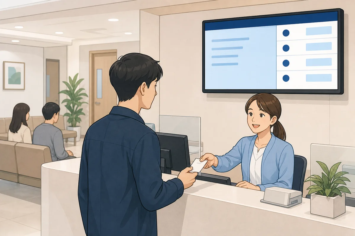 DaeGiPyo meaning in Korea shown at a clinic reception desk with a numbered slip and digital waiting board