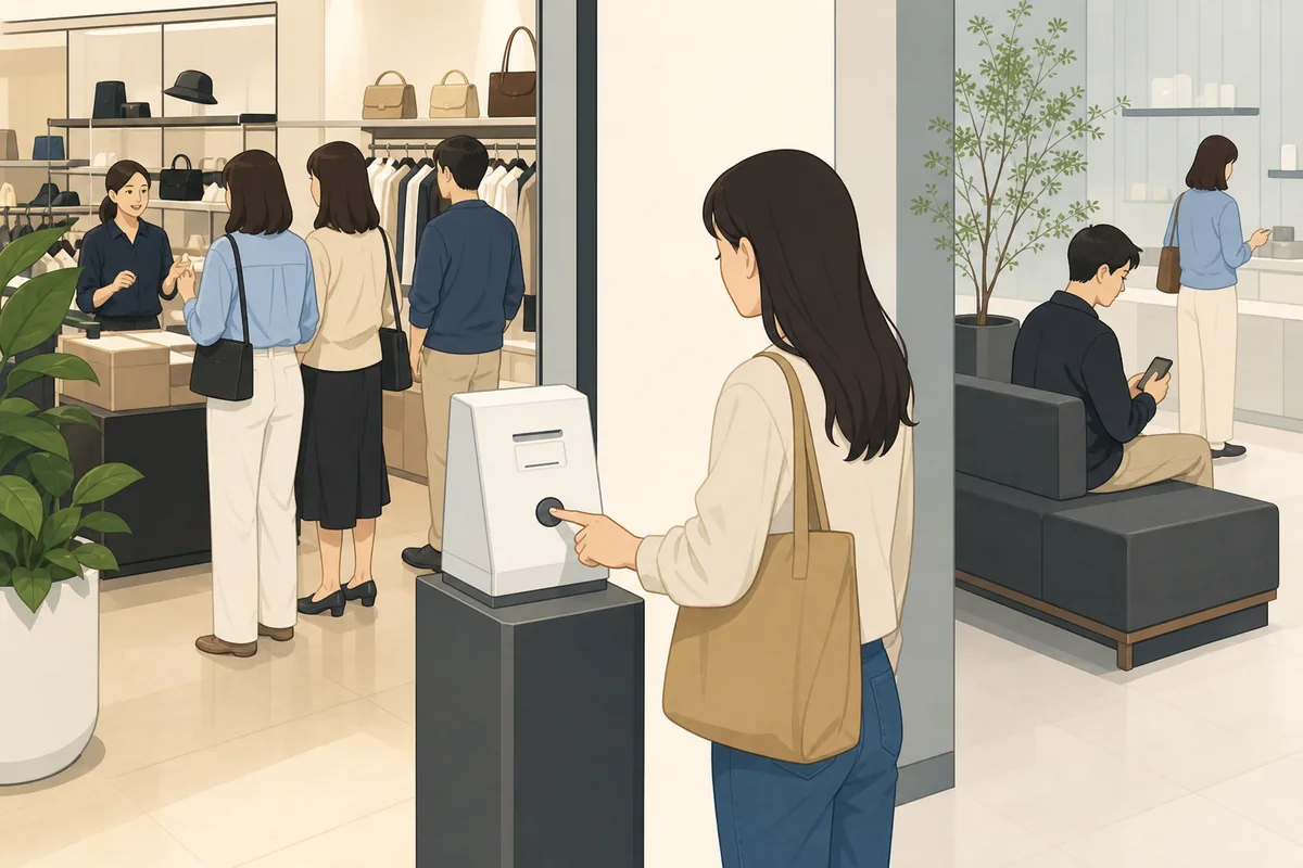 DaeGiPyo meaning in Korea shown at a shop kiosk where a customer takes a queue number for service