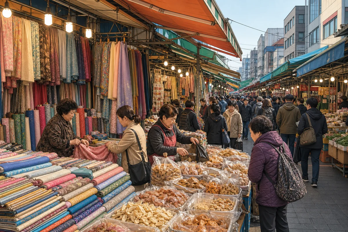 Daegu explained with a Seomun Market street scene showing fabric, snacks, and local shoppers