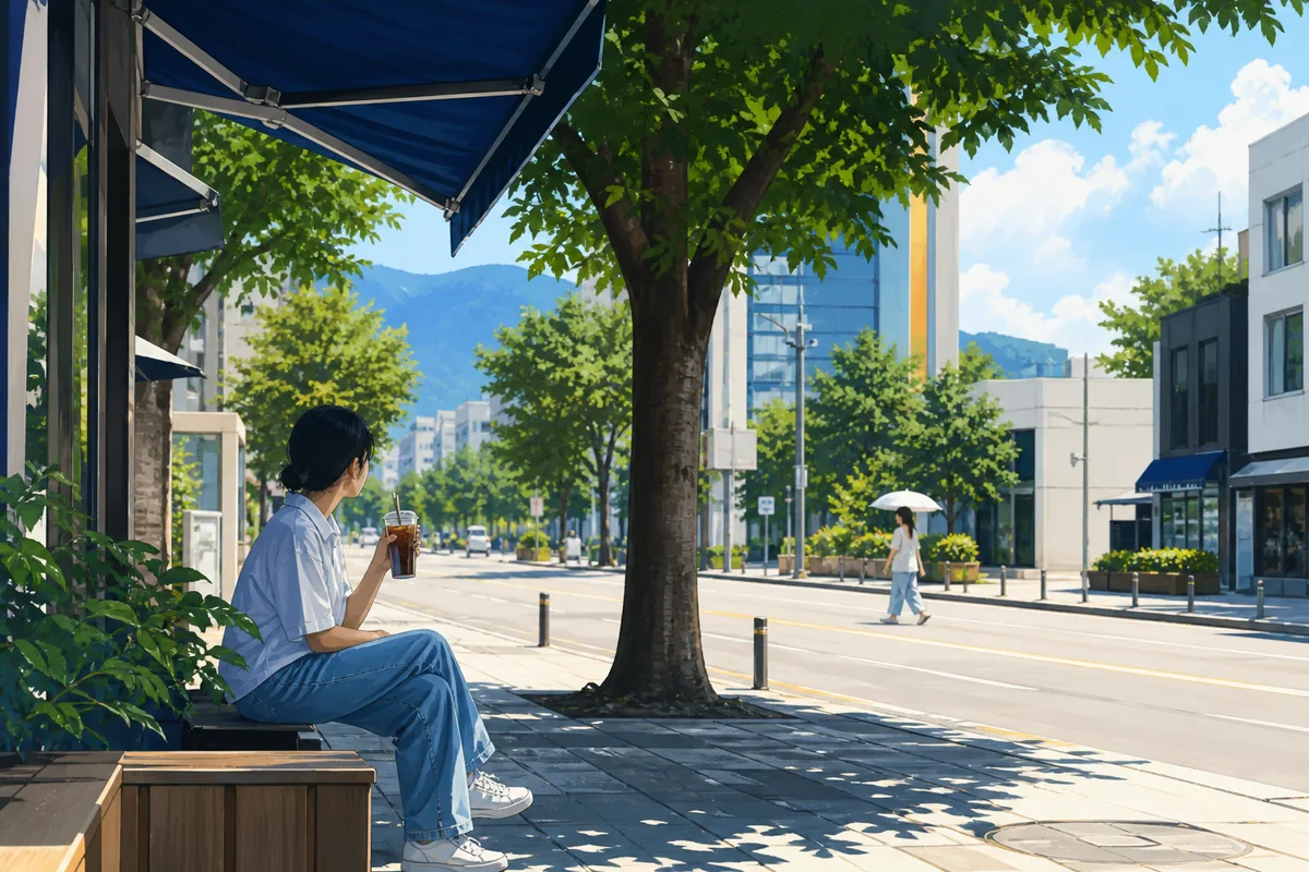 Daegu explained through a hot summer street scene showing shade, bright sunlight, and iced drinks