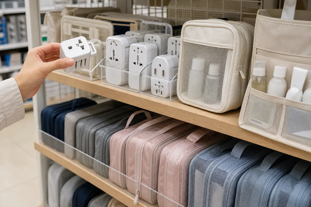 daiso korea travel organizers, pouches, and toiletry containers on a shelf