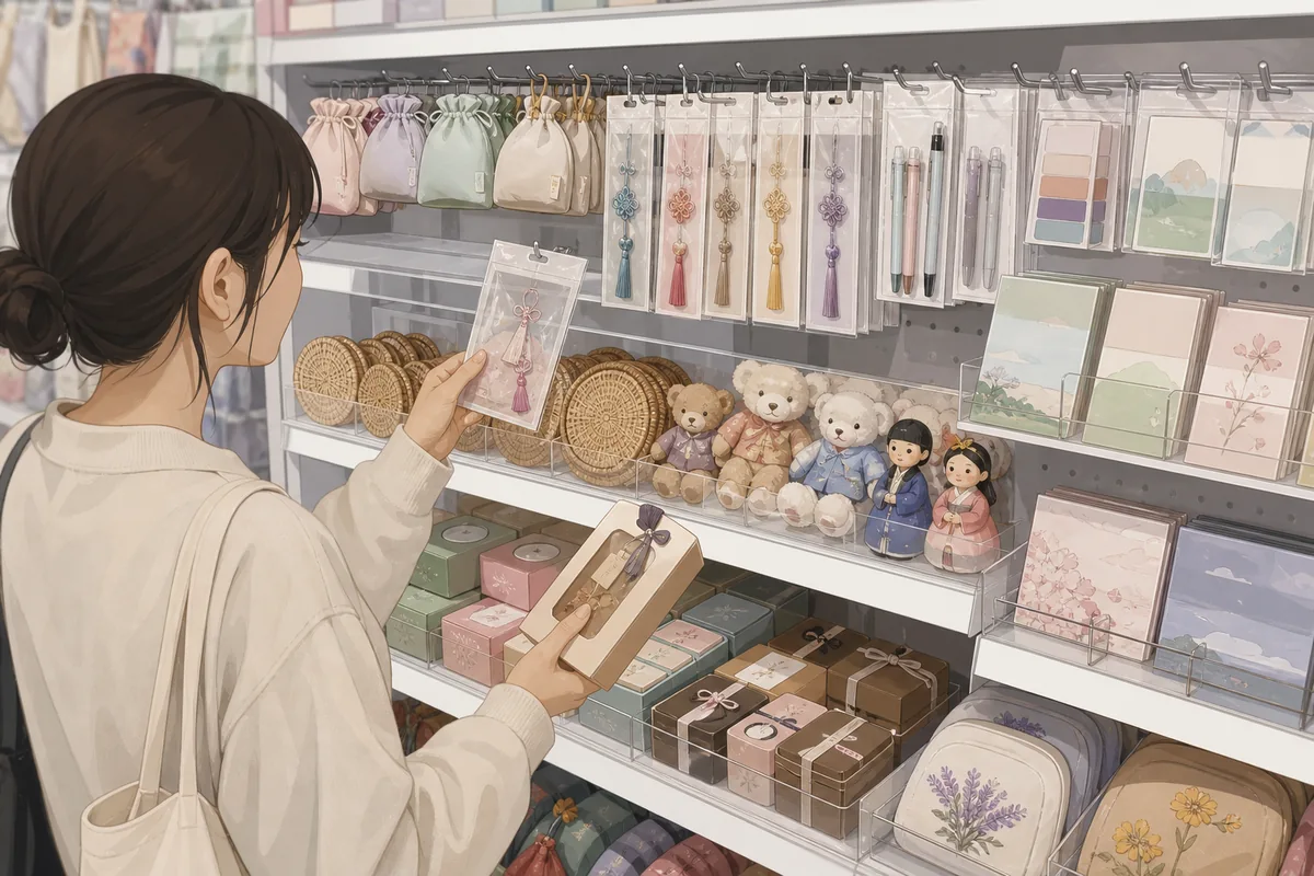 daiso korea gift shelf with compact stationery and souvenir-style items