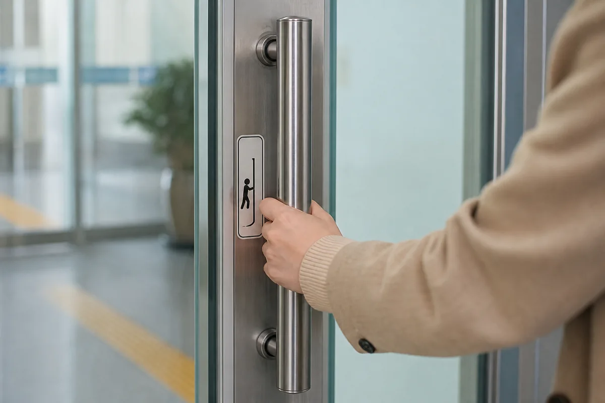 Danggishio meaning on a glass door in Korea, with the 당기시오 sign marked beside the handle.