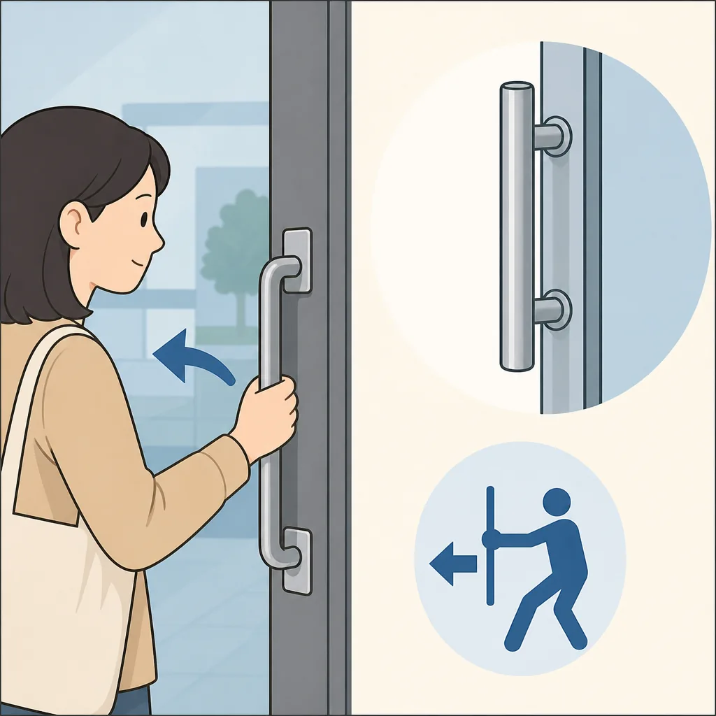 Simple push-pull guide showing 당기시오 means pull and 미세요 means push on Korean doors.