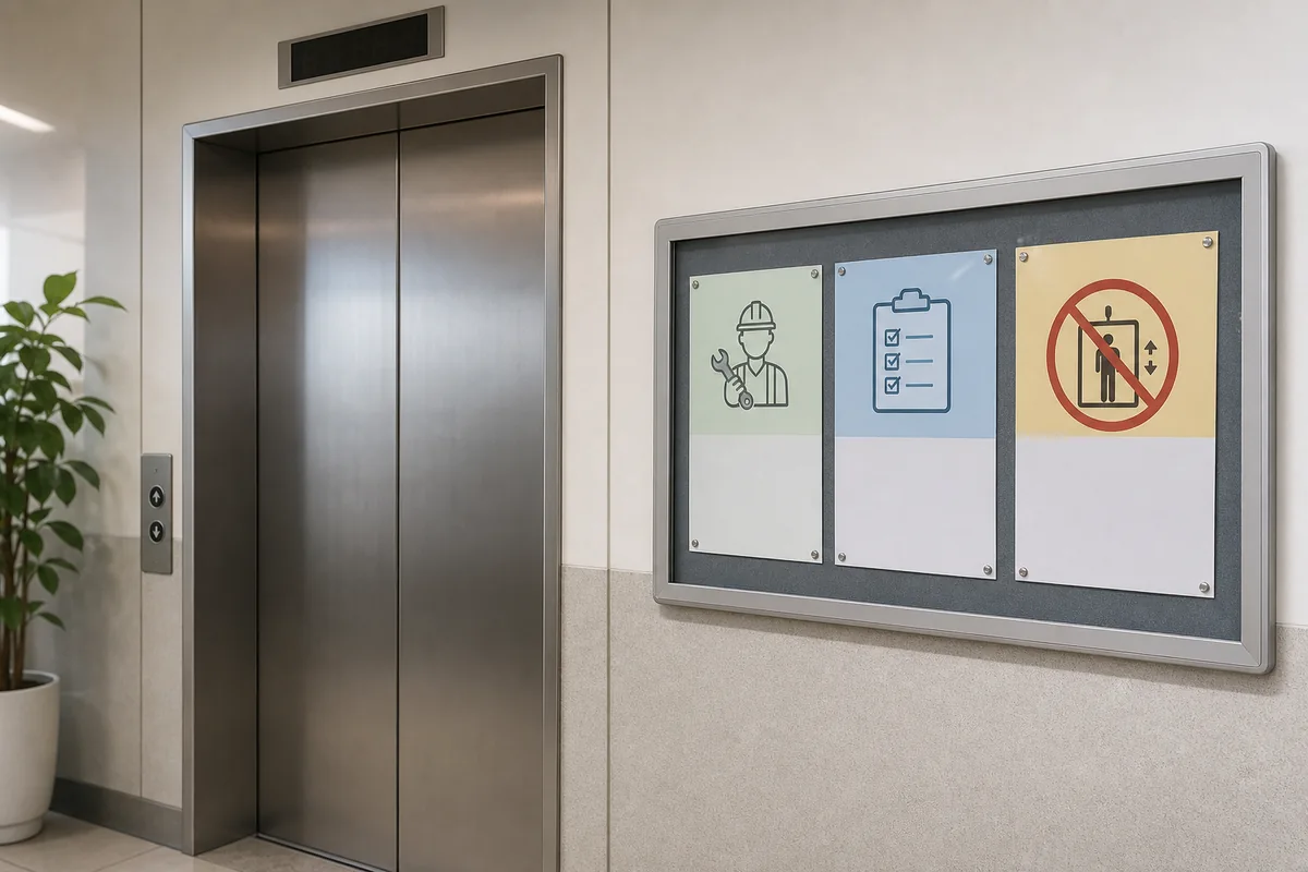 elevator signs explained with a Korean maintenance notice posted beside elevator doors
