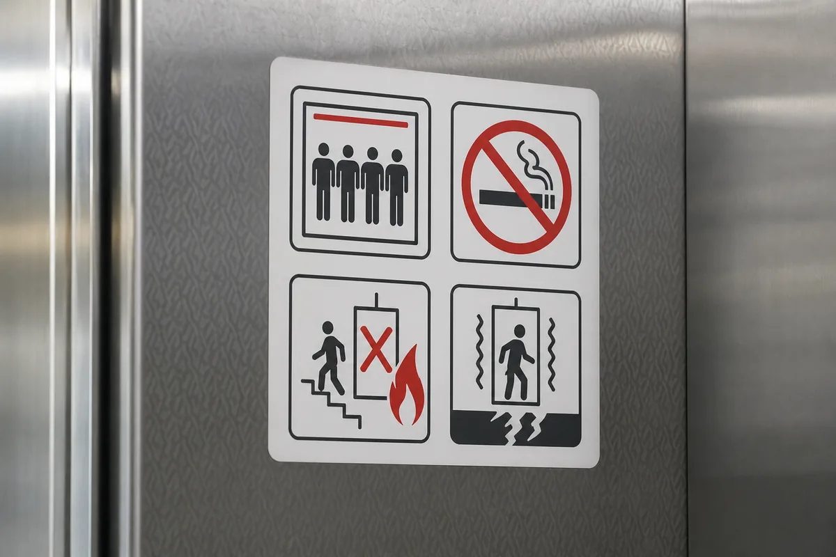 elevator signs explained with Korean safety warning stickers and capacity labels inside an elevator