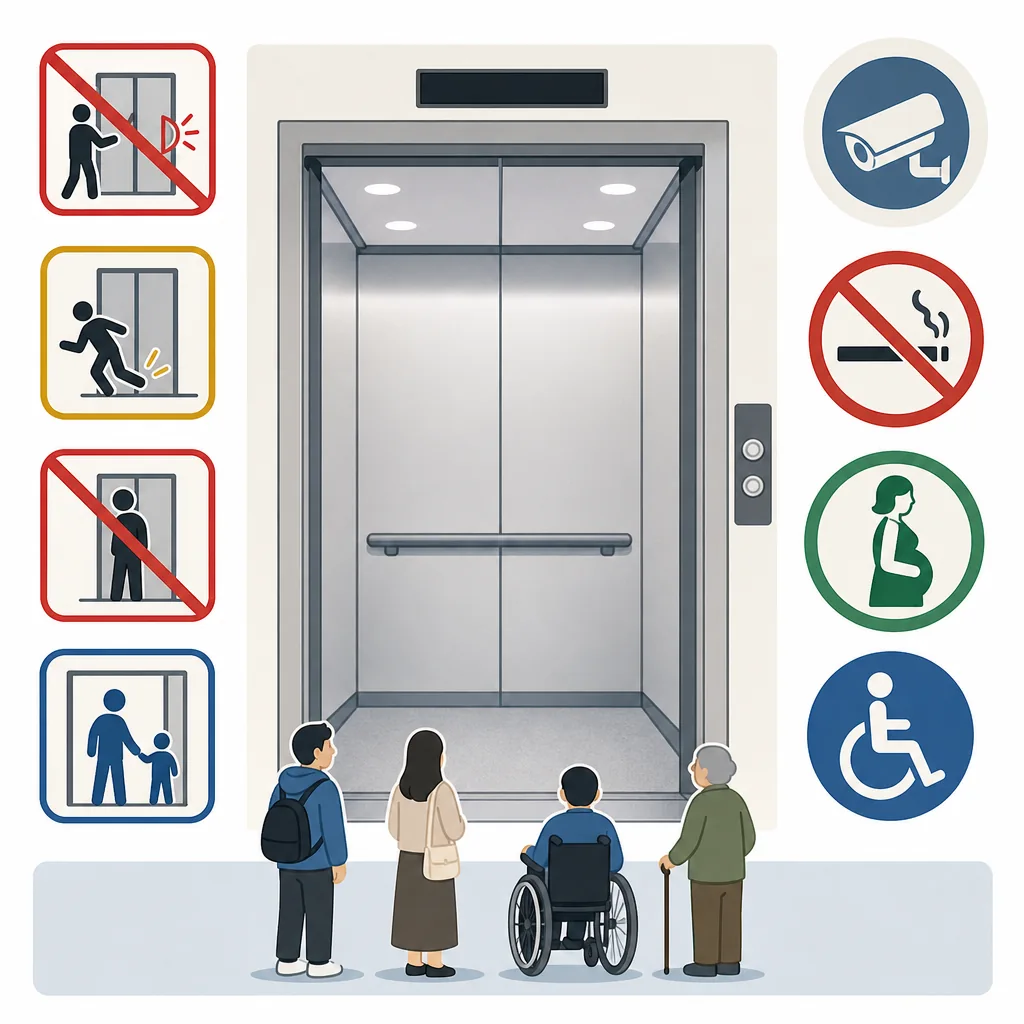 elevator signs explained infographic showing common Korean elevator buttons, warning words, and notice meanings