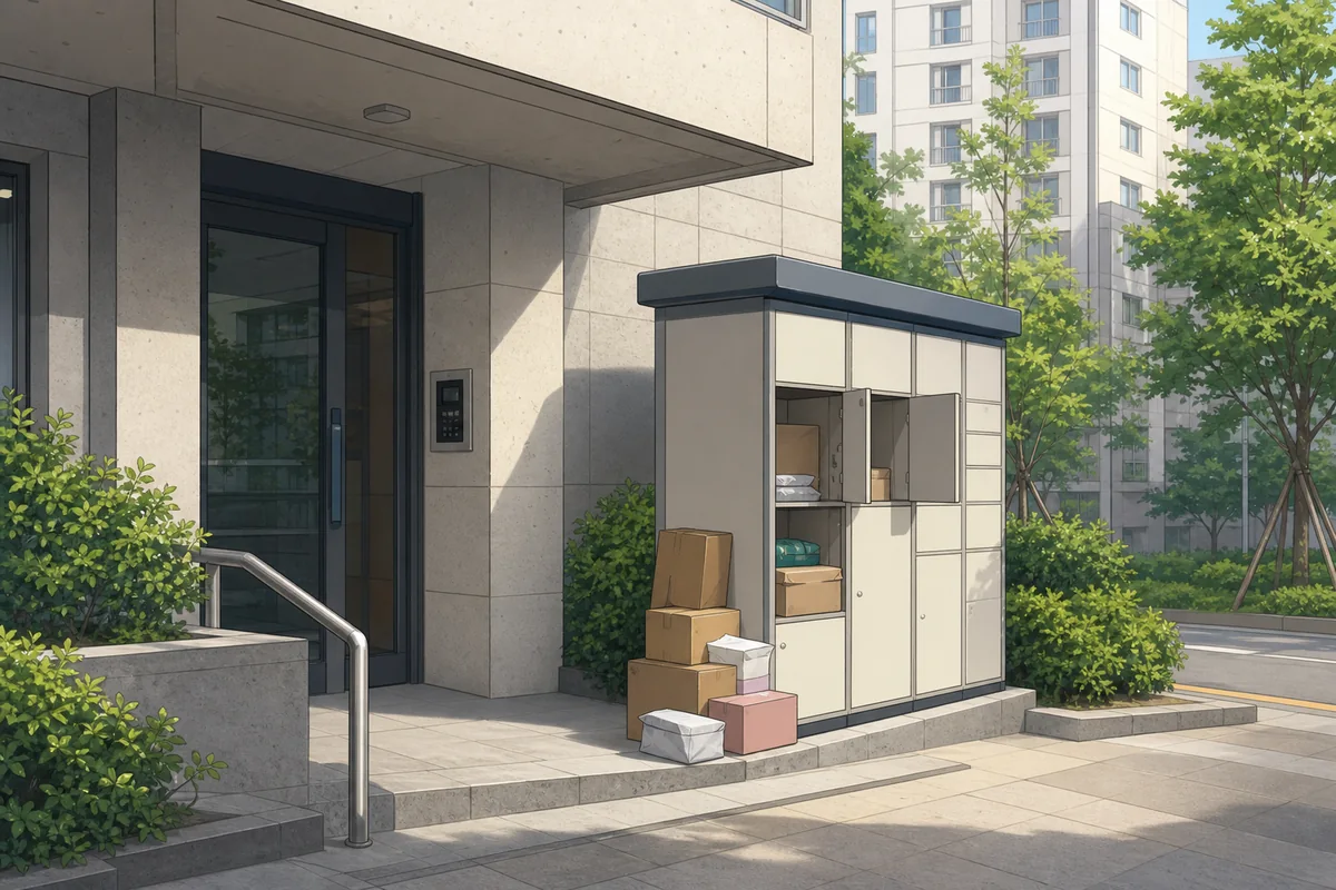 everyday life in korea at an apartment entrance and delivery area in a residential neighborhood