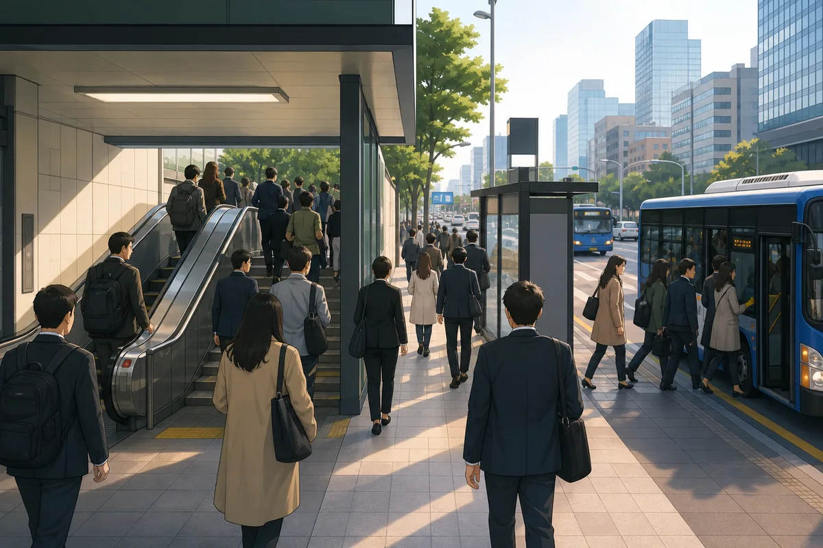 morning commute scene showing everyday life in korea near a subway station and bus stop