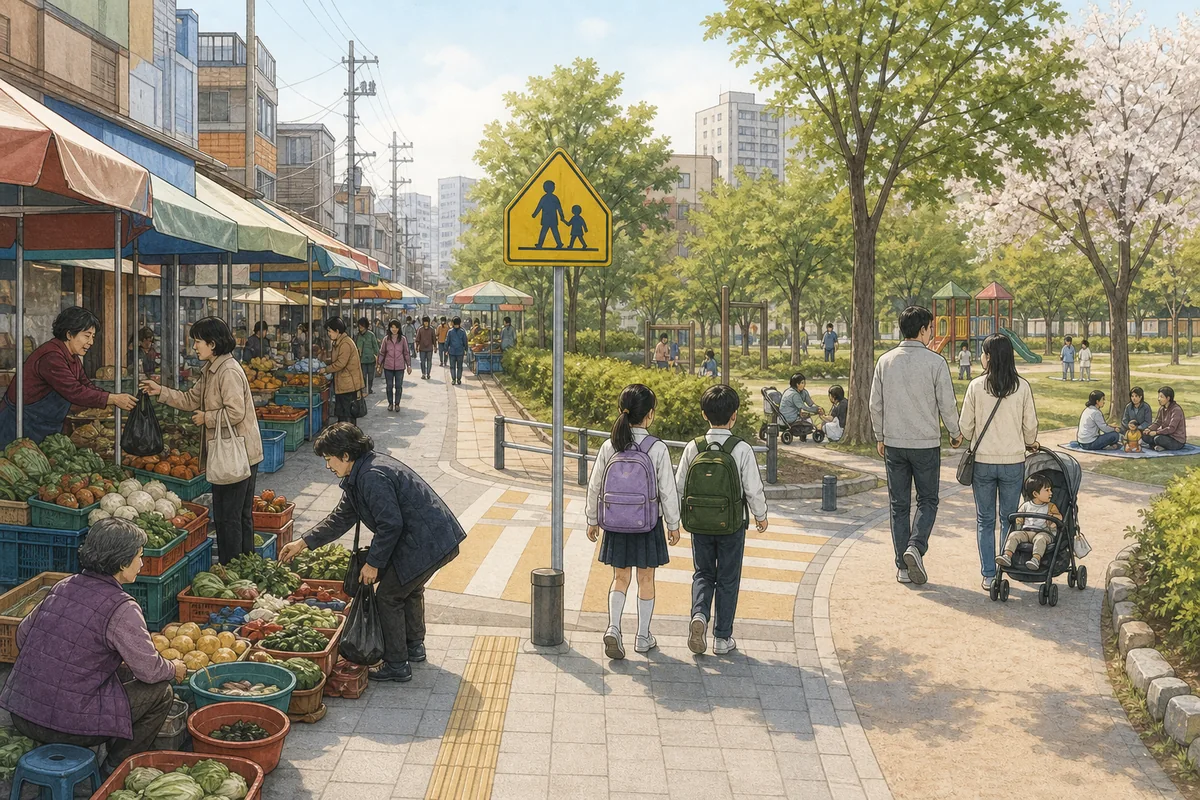 traditional market, school zone sign, and neighborhood park showing everyday life in korea