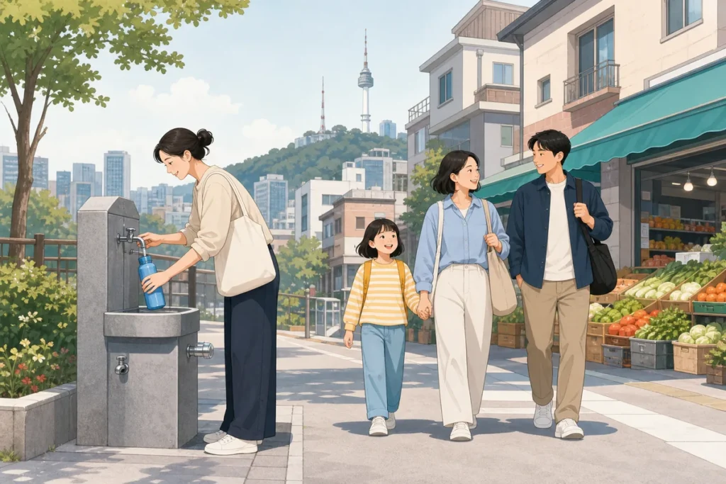 everyday life in korea in a Korean neighborhood with apartment buildings, bus stops, and local storefronts