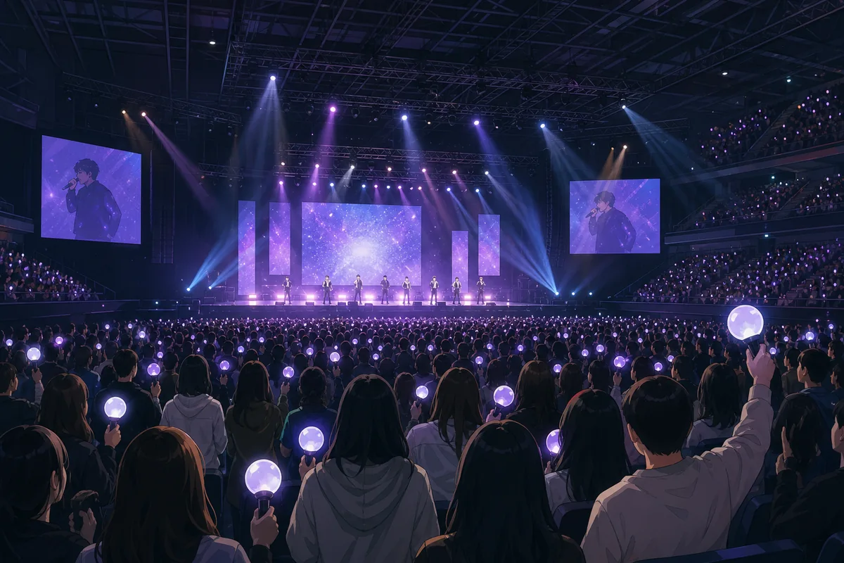 fan meeting vs concert large K-pop concert arena with stage lights and crowd