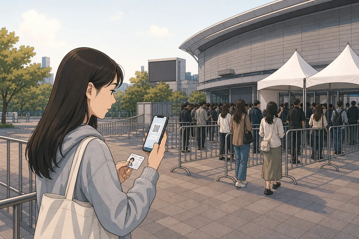 ticket holder checking mobile ticket and passport at a Korea venue entrance line