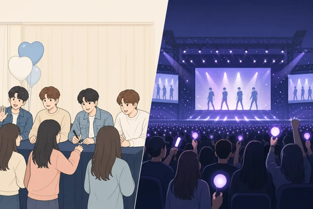 fan meeting vs concert guide showing a K-pop concert arena and fan meeting stage in Korea