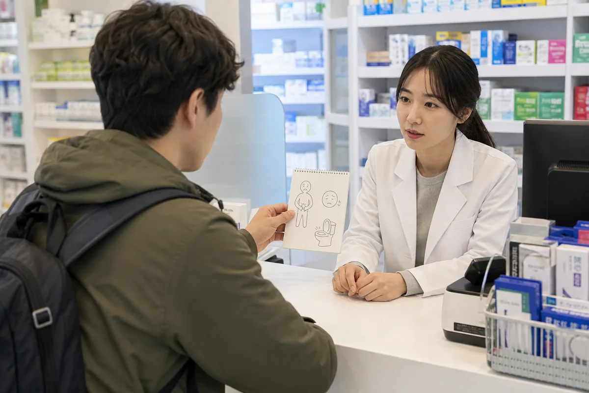 food poisoning symptoms traveler showing a phone phrase card at a Korea pharmacy counter