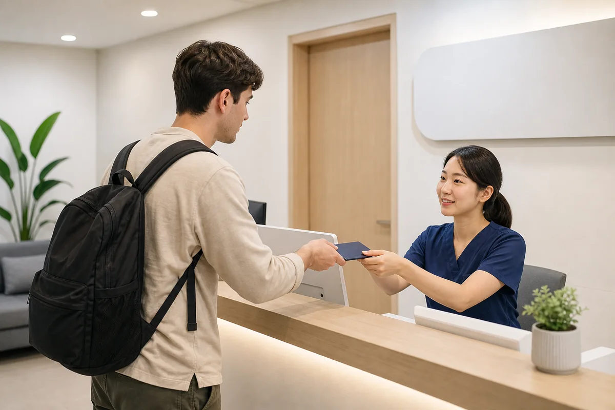 food poisoning symptoms visitor checking in at a Korea clinic reception desk